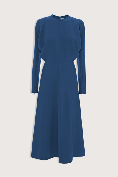 flat lay Long Sleeve Dolman Midi Dress Dark Ocean blue Dolman long sleeve
Round neckline
Defined waist
Draped feature at sleeve underarm, fitted sleeve through the forearm
Midi length 
Tonal topstitching
voluminous underarm drape
Fitted at the waist and more relaxed fit through bodice and hip
