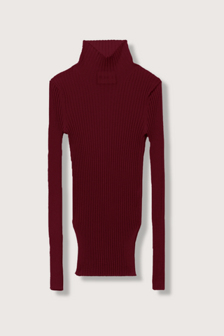 flat lay Long Sleeve Merino wool T-Neck sweater burgundy, Fitted ribbed turtle neck sweater, High side slit