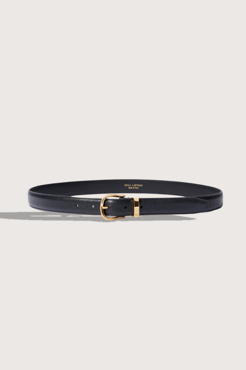 flat lay Louise leather Belt black with classic brass buckle