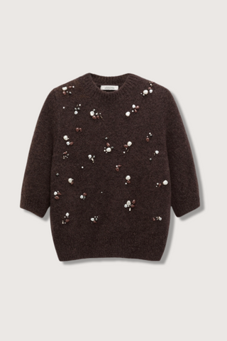 flat lay Loving Touch Embellished Sweater chocolate short sleeve crewneck chocolate brown Hand-embellished front with pearls and metallic elements