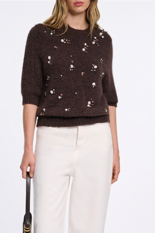 front profile model wearing Loving Touch Embellished Sweater chocolate short sleeve crewneck chocolate brown Hand-embellished front with pearls and metallic elements