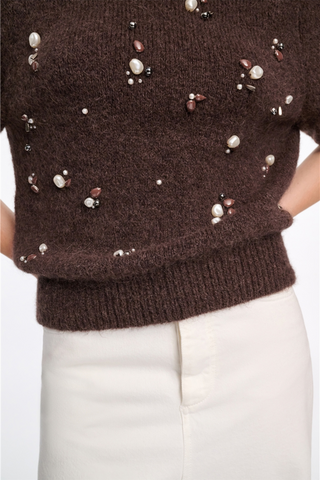 close up detail of Loving Touch Embellished Sweater chocolate short sleeve crewneck chocolate brown Hand-embellished front with pearls and metallic elements