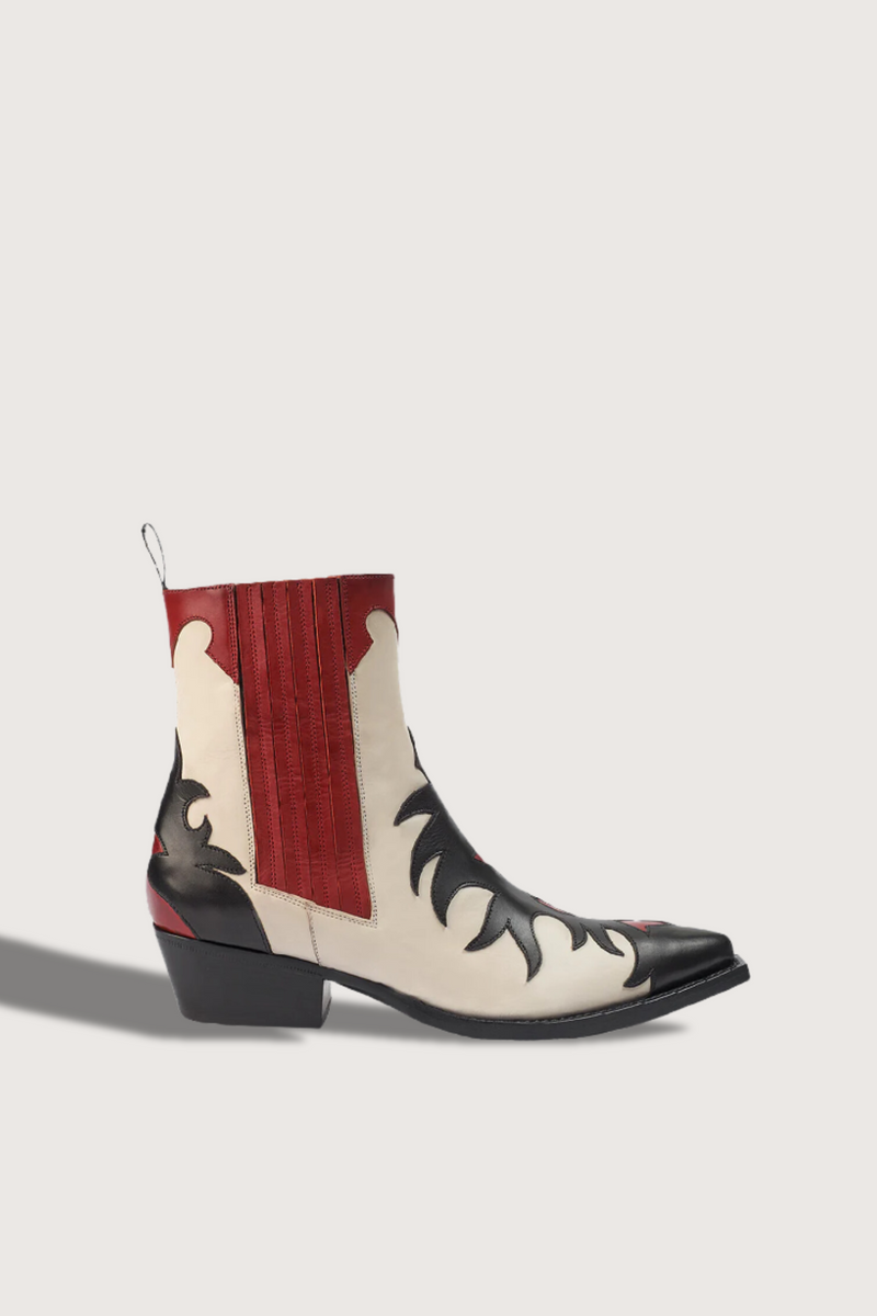 side profile Lower Heel Western Boots with red contrast and pull tab flame cutouts and bevelled heel 