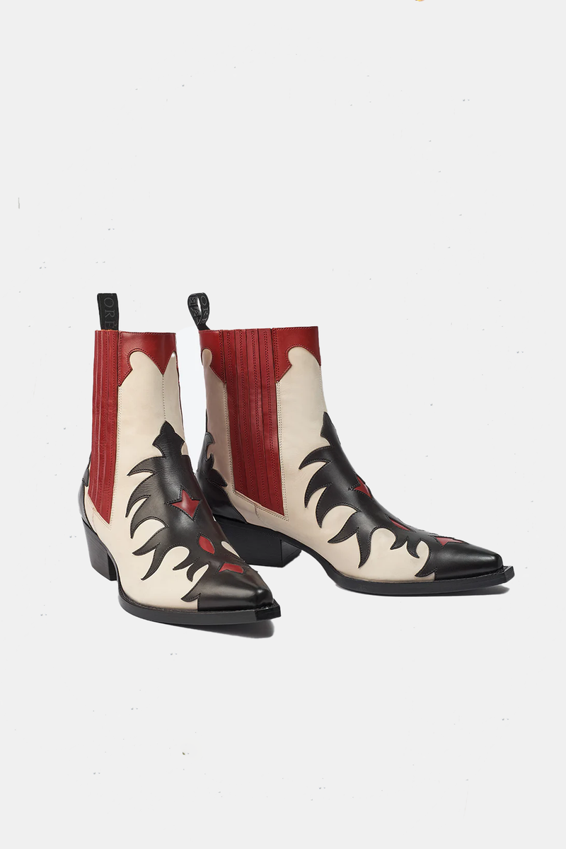 angled profile Lower Heel Western Boots with red contrast and pull tab flame cutouts and bevelled heel 