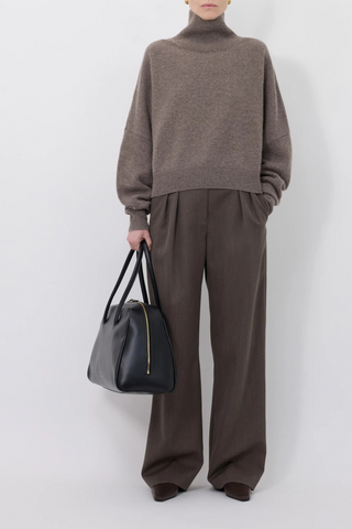 front profile model wearing Luke Stand Collar Wool/Cashmere Taupe Melange Straight fit Drop shoulders Ribbed stand collar