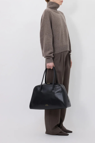 side profile model wearing Luke Stand Collar Wool/Cashmere Taupe Melange Straight fit Drop shoulders Ribbed stand collar