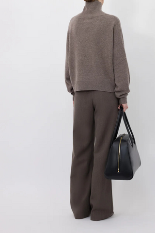 back profile model wearing Luke Stand Collar Wool/Cashmere Taupe Melange Straight fit Drop shoulders Ribbed stand collar