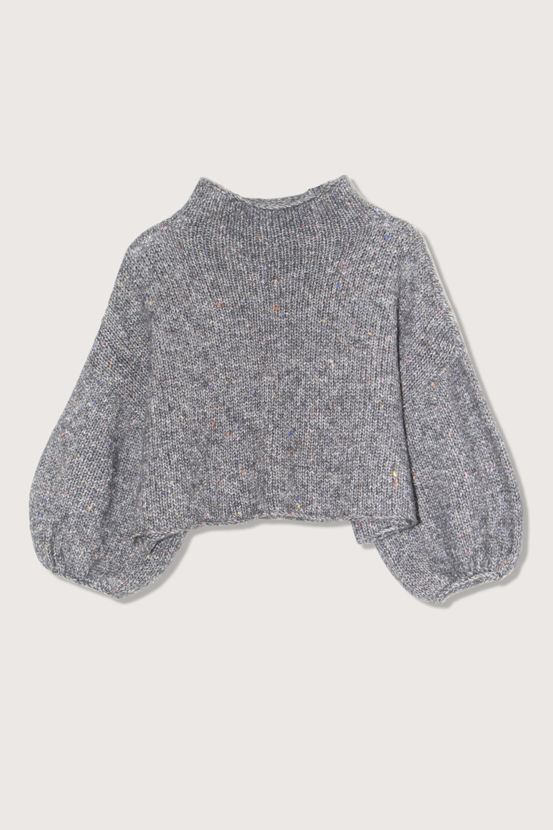 flat lay Lurex Mock Neck Sweater grey Puff sleeves Cropped, boxy fit