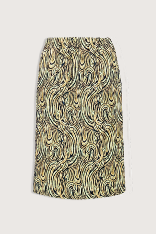 flat lay Lurex Paisley Wave Pencil Skirt greengold Knee-length skirt
Straight cut
Sewn-in elastic waistband
Side-seam pockets
High slit at the back
Center-back zipper with ribbon pull
Material: 73% polyester, 27% polyamide