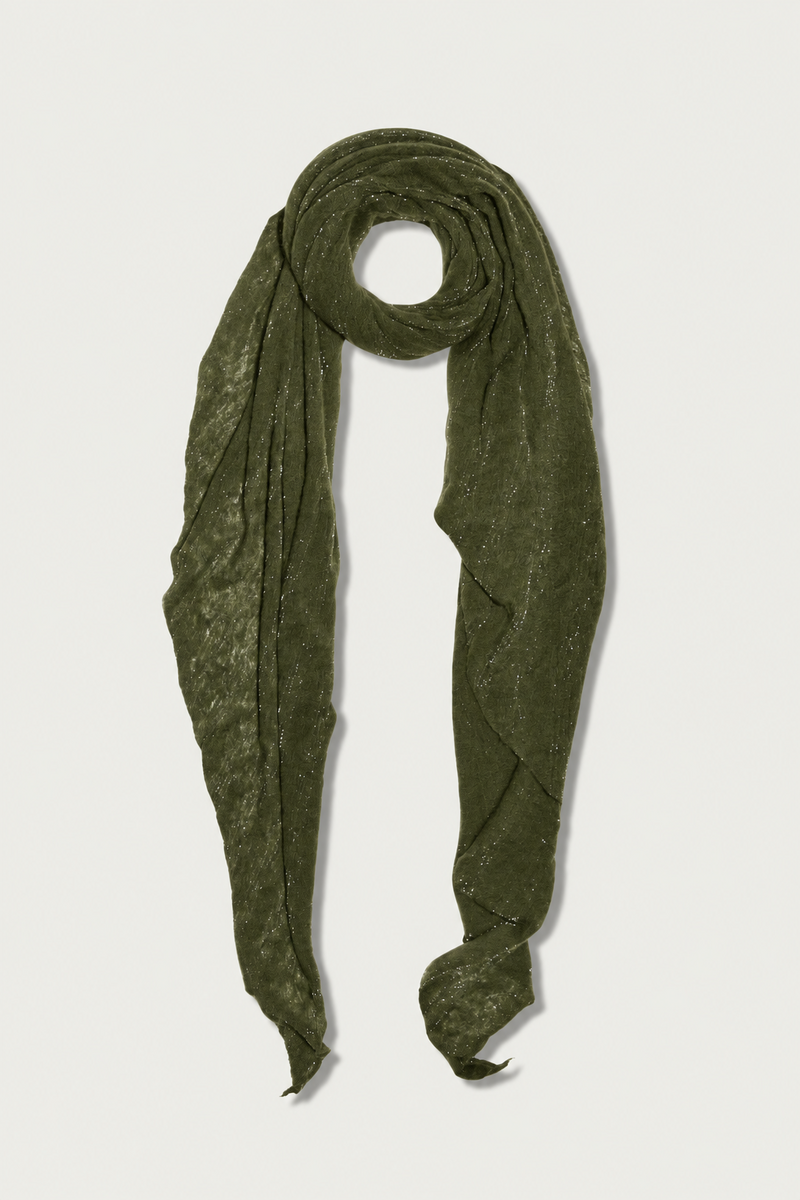 flat lay Lurex Small Cashmere Scarf Olive 100% Cashmere