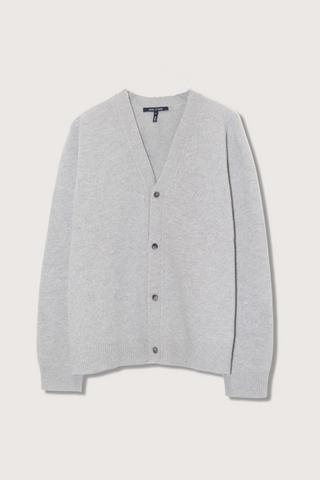 flat lay Mabuse Seamless Cardigan light grey wool ribbed trim v-neckline  mother of pearl buttons dropped shoulder