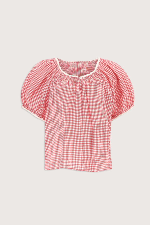 flat lay Maisie Gingham Top cherry red Balboa Gingham Mini Check
Added stretch
Relaxed peasant blouse
Notched scoop neck
Single-button detail
&nbsp;Puff sleeves
Contrast trim
98% Cotton, 2% Spandex