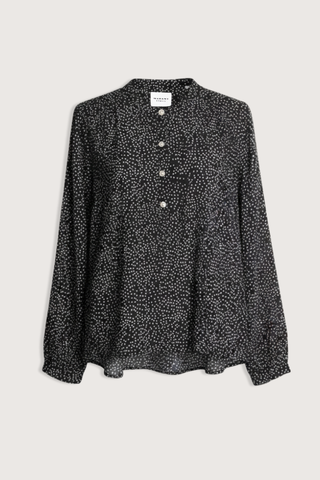 flat lay Maria Printed Top black with white dots Printed cotton voile blouse
All-over two-tone polka dot print
Straight fit
Henley neckline with button placket
Gathered shoulders
Long sleeves
Cinched cuffs
Back pleats for ease
Cotton 100%