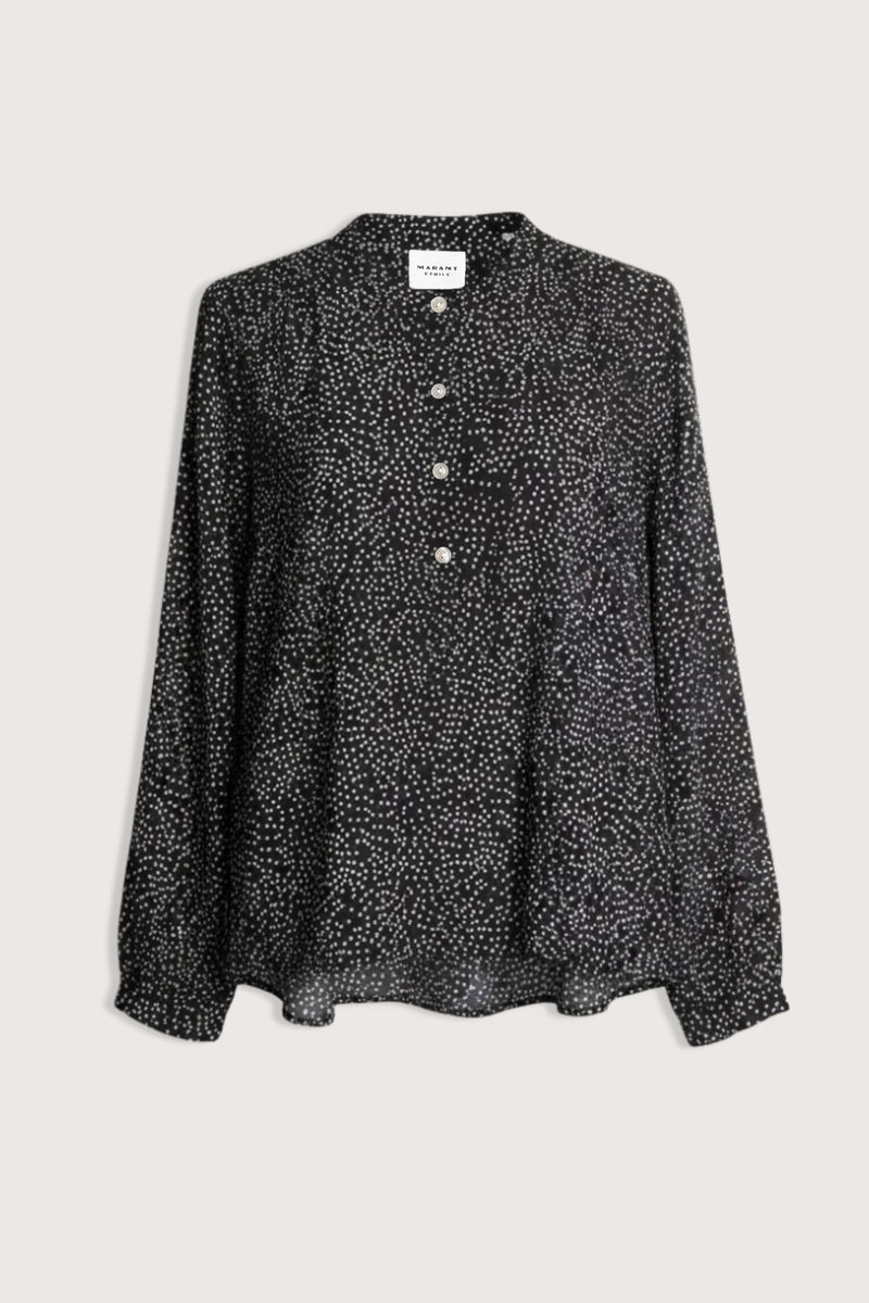 flat lay Maria Printed Top black with white dots Printed cotton voile blouse
All-over two-tone polka dot print
Straight fit
Henley neckline with button placket
Gathered shoulders
Long sleeves
Cinched cuffs
Back pleats for ease
Cotton 100%