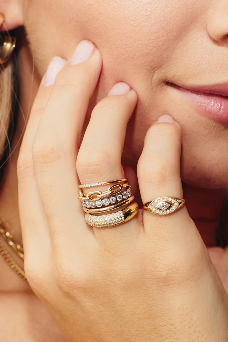 model wearing Marquise Signet Ring Diamond 14k gold