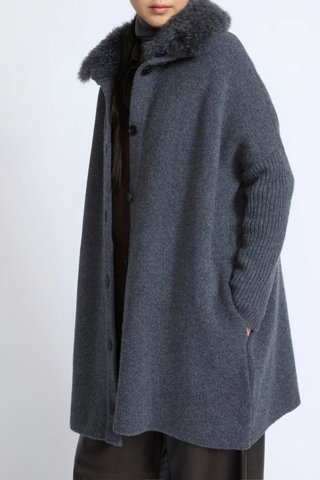 side profile model wearing Mateau Jacket With Fur charcoal Oversized fit
Fluid Merino knit
Buttoned at the front
High collar
Welt pockets
Unlined
100% Long-Haired Lamb
Lining : 100% Wool
Knit : 100% Wool