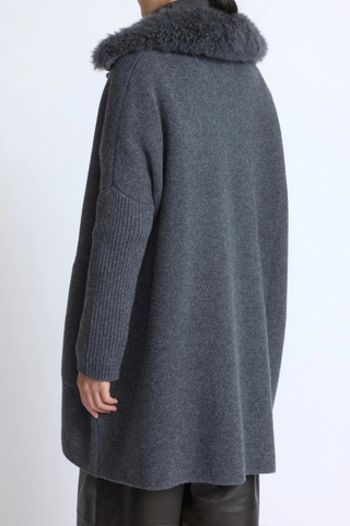 back profile model wearing Mateau Jacket With Fur charcoal Oversized fit
Fluid Merino knit
Buttoned at the front
High collar
Welt pockets
Unlined
100% Long-Haired Lamb
Lining : 100% Wool
Knit : 100% Wool