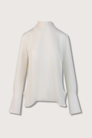 flat lay Matilda Silk Blouse ivory tie neck  pin tucks, Exaggerated shirt cuffs