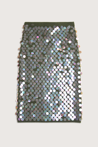 flat lay Matteo Pailette Skirt olive Pointelle knit
Pencil skirt style
Sequin embroidery throughout
High waist
Skirt falls straight from hip to hem
Hem falls below the knee
Ribbed hem
Pull-on style
Merino wool/cashmere