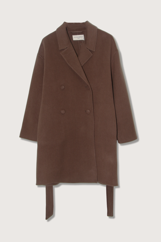 flat lay Mavie Double Split Wool Belted Coat iced coffee brown Midi-length double breasted coat with a 0 shawl collar. Four covered buttons. Oversized fit. Side pockets at the side seam. Self fabric belt. 

