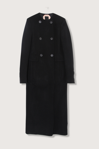 flat lay Maxi Coat black long black vent Collarless
Double-breasted
Slim fit
Double-button front closure
Flap pockets on the sides