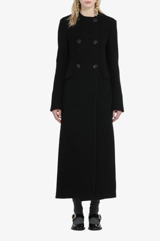 front profile model wearing Maxi Coat black long black vent Collarless
Double-breasted
Slim fit
Double-button front closure
Flap pockets on the sides