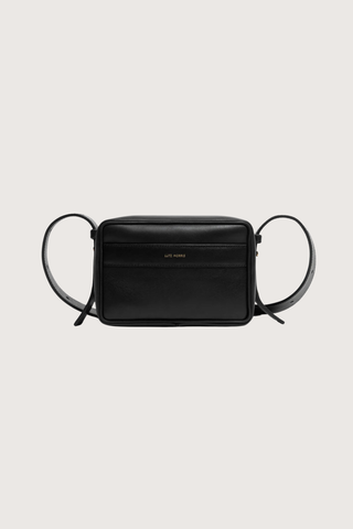 front profile Maya cooper black Bag smooth leather exterior back pocket adjustable strap structured square shape