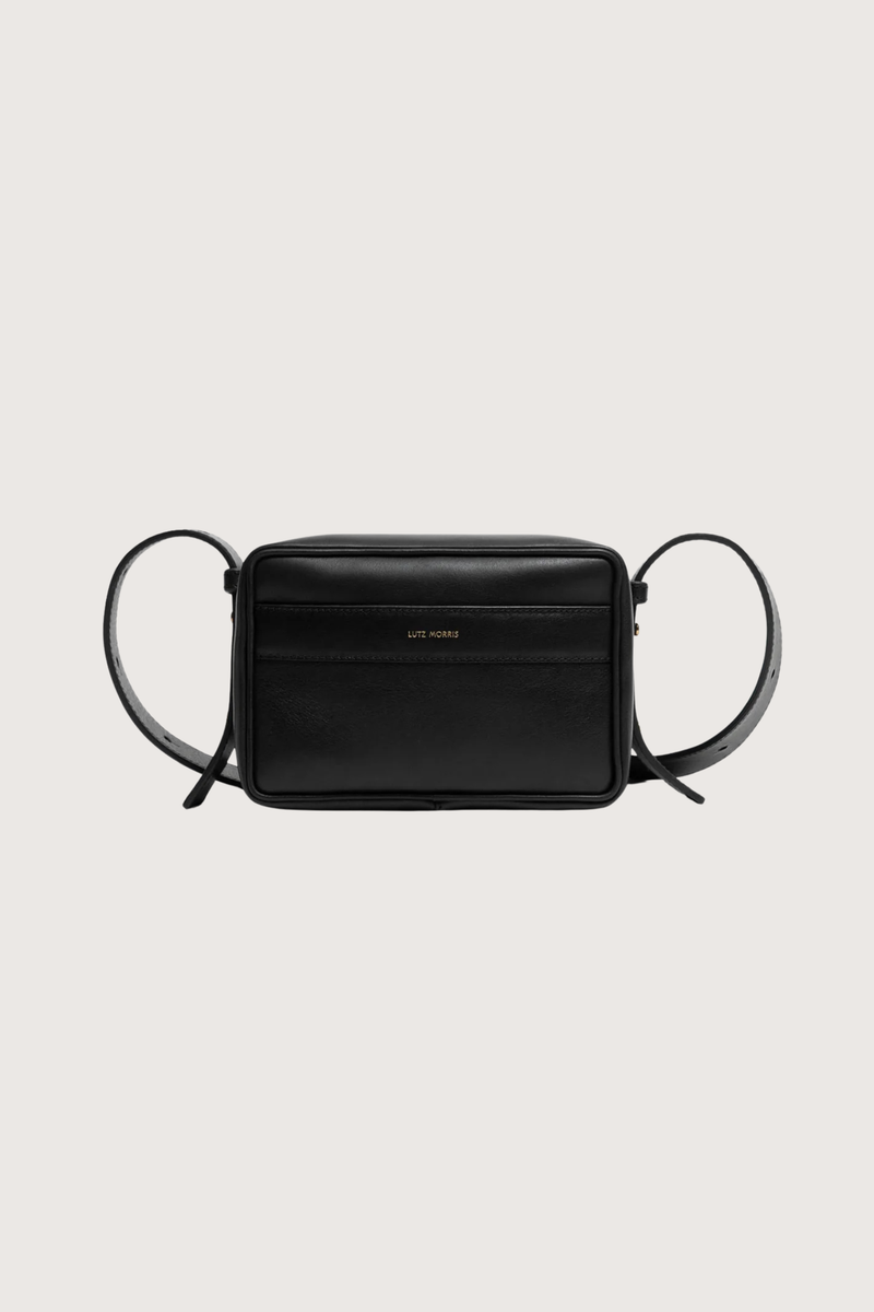 front profile Maya cooper black Bag smooth leather exterior back pocket adjustable strap structured square shape