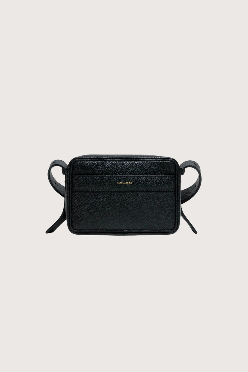 front profile Maya Brandon Black Bag pebbled leather exterior back pocket adjustable strap structured square shape