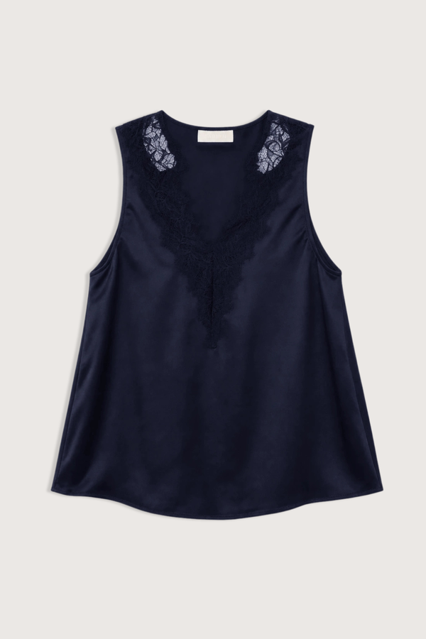 flat lay Mazzy V-Neck Lace Silk Tank midnight navy
Lace at the neckline and strap
100% Silk / Silk Charmeuse