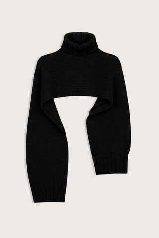 flat lay Medea T-Neck Cape black Relaxed turtleneck into a fluid drape
Layer over everyday foundations
Runs true to size, One Size
90% Merino Wool, 10% Cashmere