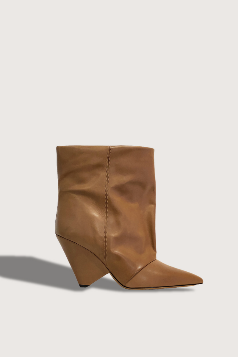 side profile Meela Leather Boots conic heel brown angled heel with wide opening pointy toe
