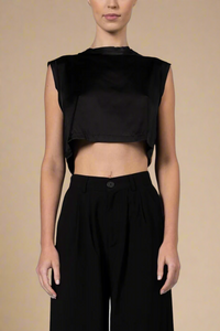 front profile model wearing Mel Crop Black muscle tee style