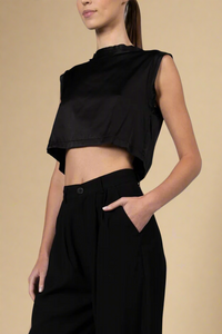 side profile model wearing Mel Crop Black muscle tee style