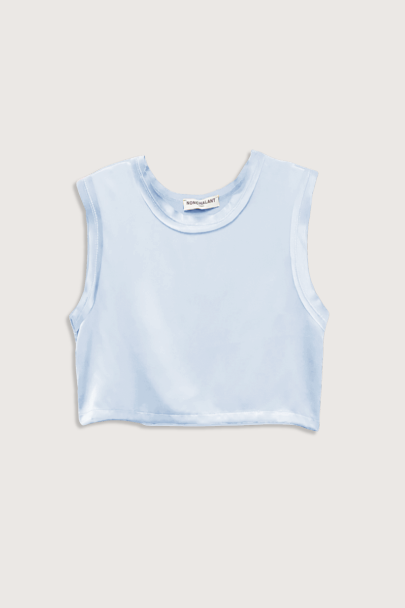 flat lay Mel Crop Top Baby Blue Silky muscle tee
Raw edge
Crewneck
100% Silk