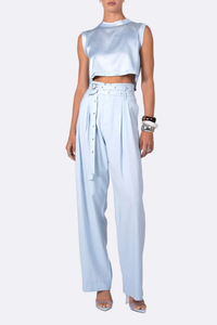 front profile model wearing Mel Crop Top Baby Blue Silky muscle tee
Raw edge
Crewneck
100% Silk