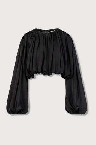 flat lay Michelle Double Georgette Top black silk bubble style with drape and elastic cuff sleeves