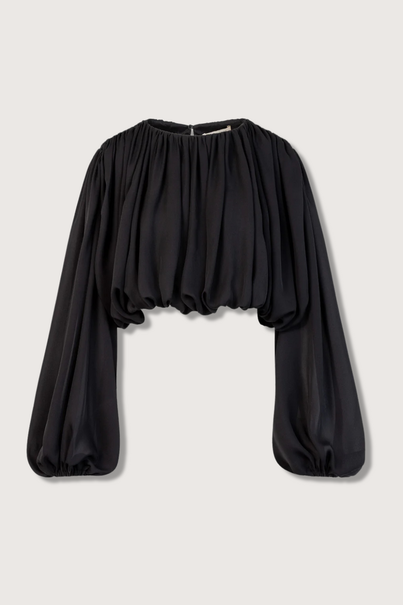 flat lay Michelle Double Georgette Top black silk bubble style with drape and elastic cuff sleeves