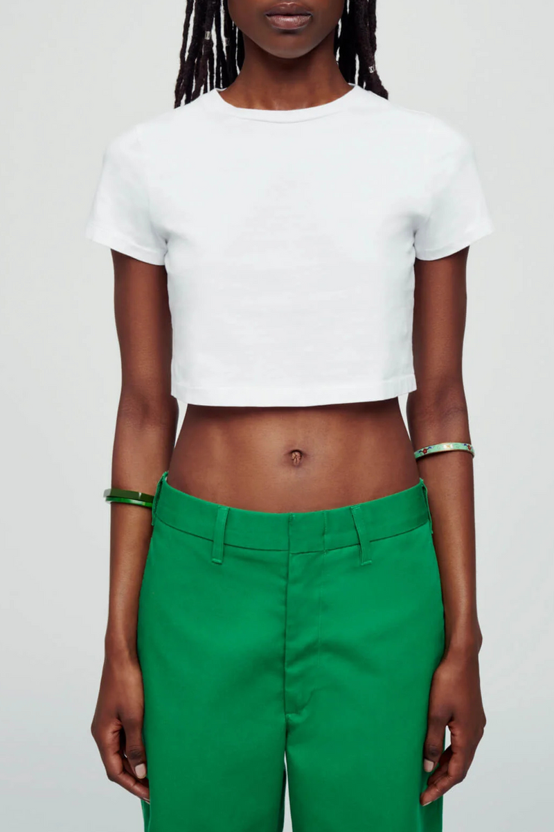 front profile model wearing Micro cotton crewneck Tee white