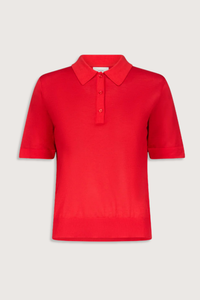 flat lay Migo Cashmere Polo Red Fluid, fine knit cashmere
Straight fit
Spread collar
Small button placket
Ribbed details