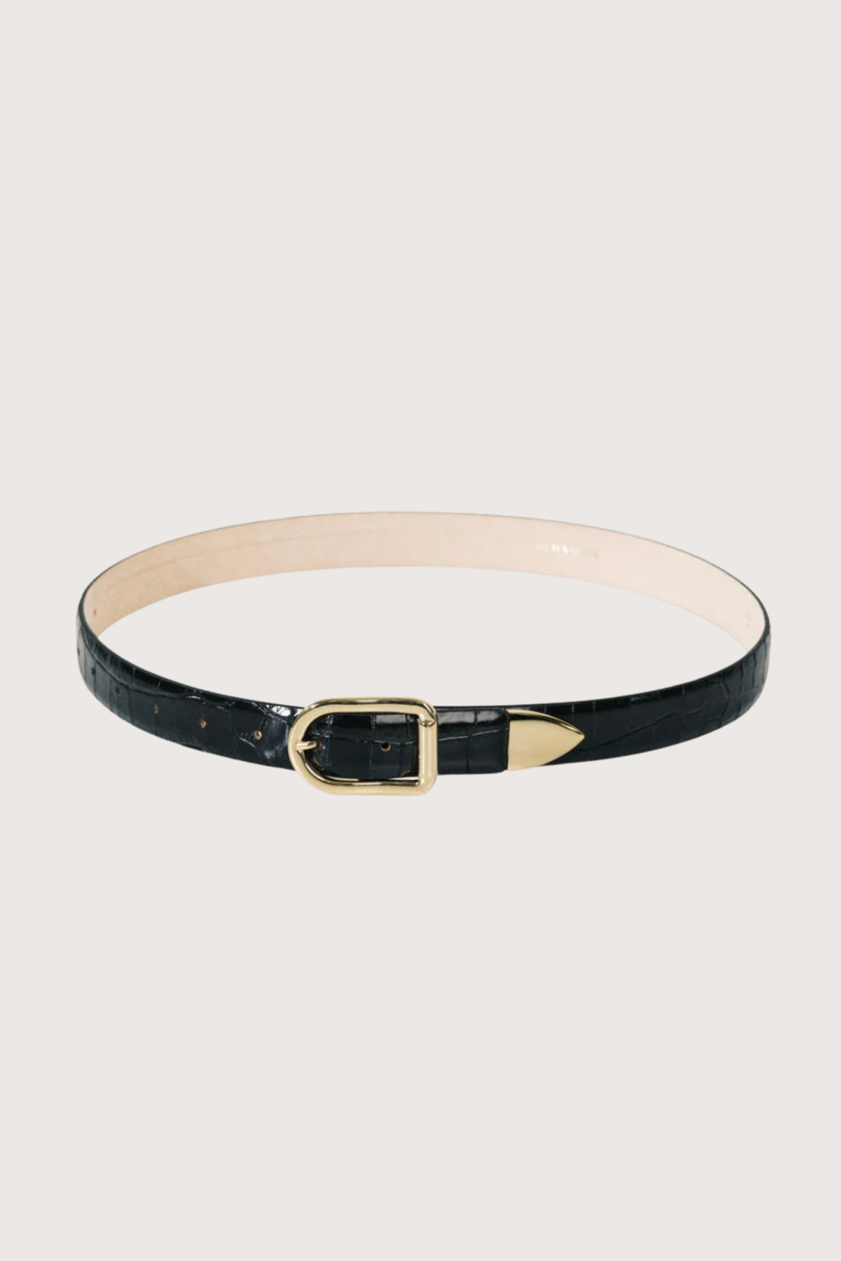 flat lay Mija Belt Croc Tip black
Gold Hardware
Genuine suede lining
Lightweight Design
Embossed Croco Leather
1" Width
