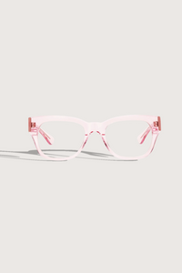flay lat Miklos Reader Polished Pink frame clear lens +1.50