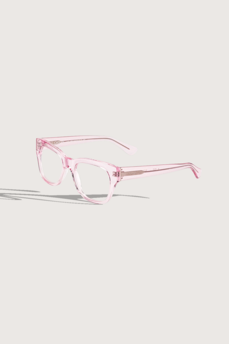 side profile Miklos Reader Polished Pink frame clear lens +1.50