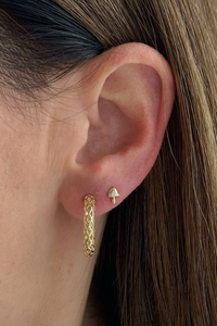 model wearing Mini Magic Mushroom Stud Earring (Pair) with diamonds 14k gold