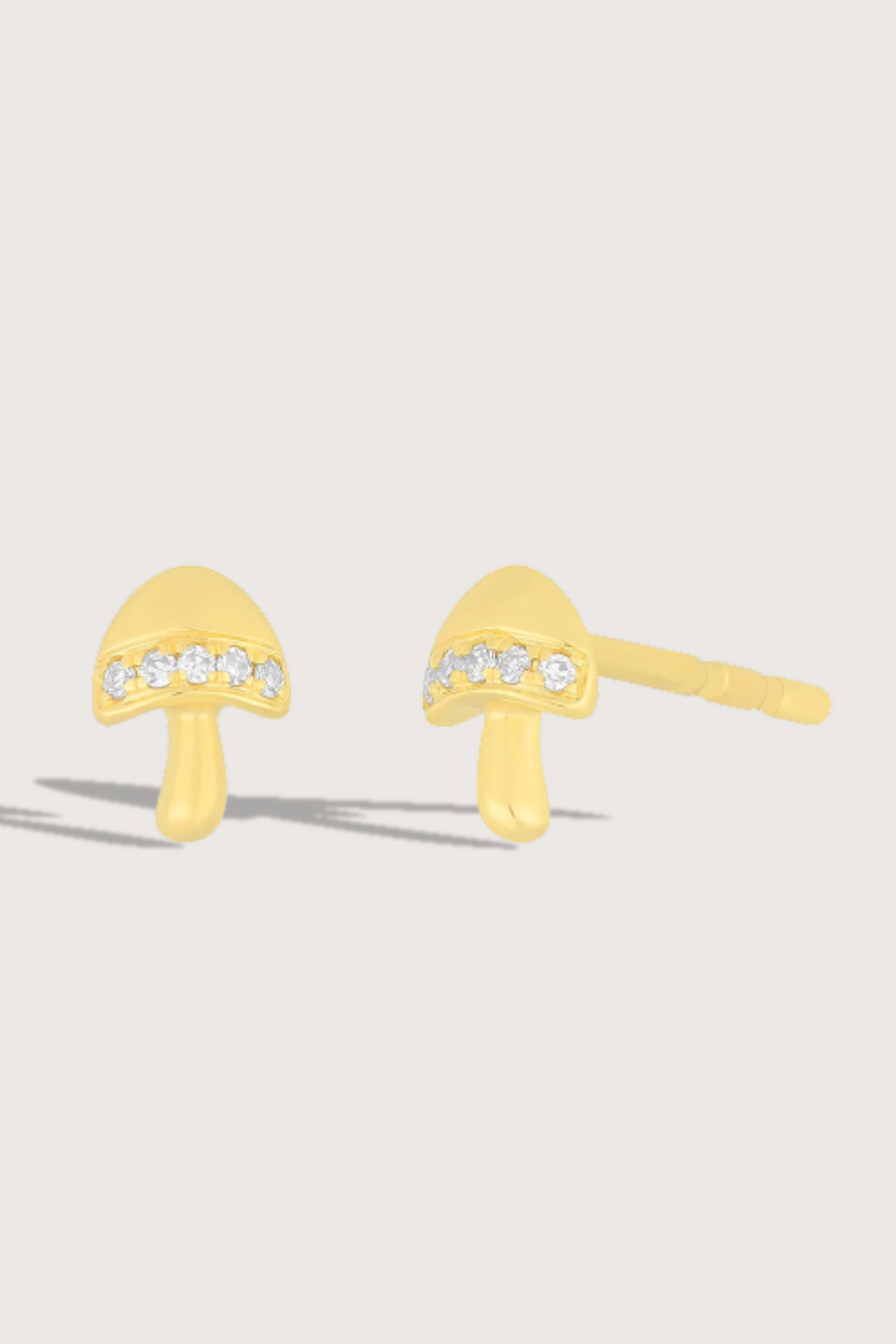 flat lay Mini Magic Mushroom Stud Earring (Pair) with diamonds 14k gold