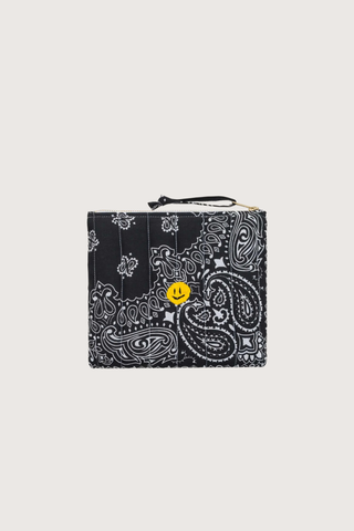 flat lay Mini Pouchette Zipper / embroidered Happy Face All Black cotton bandana