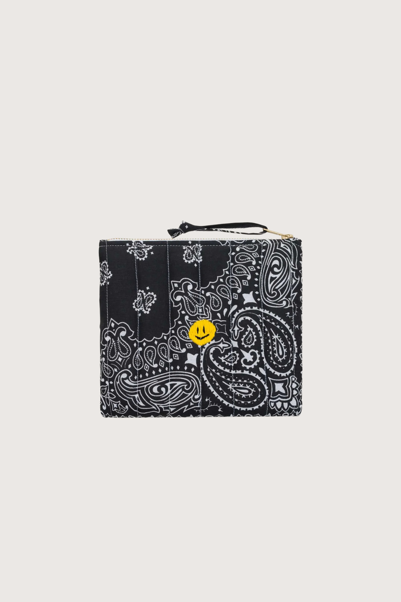flat lay Mini Pouchette Zipper / embroidered Happy Face All Black cotton bandana