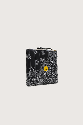 side profile Mini Pouchette Zipper / embroidered Happy Face All Black cotton bandana