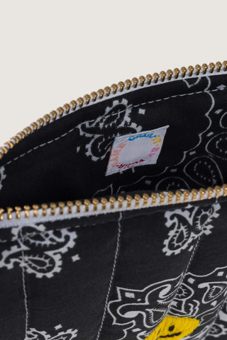 close up inside logo Mini Pouchette Zipper / embroidered Happy Face All Black cotton bandana