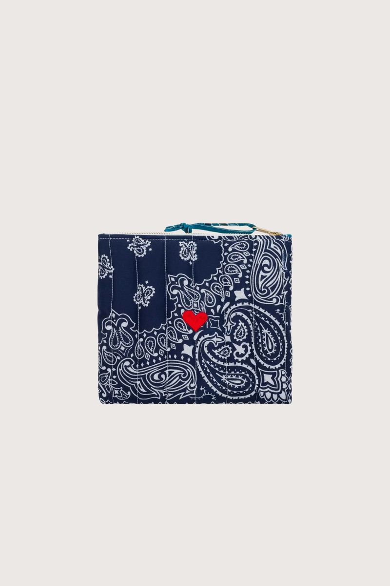 front profile Mini Pouchette Zipper / embroidered Heart Navy / Petrol cotton bandana